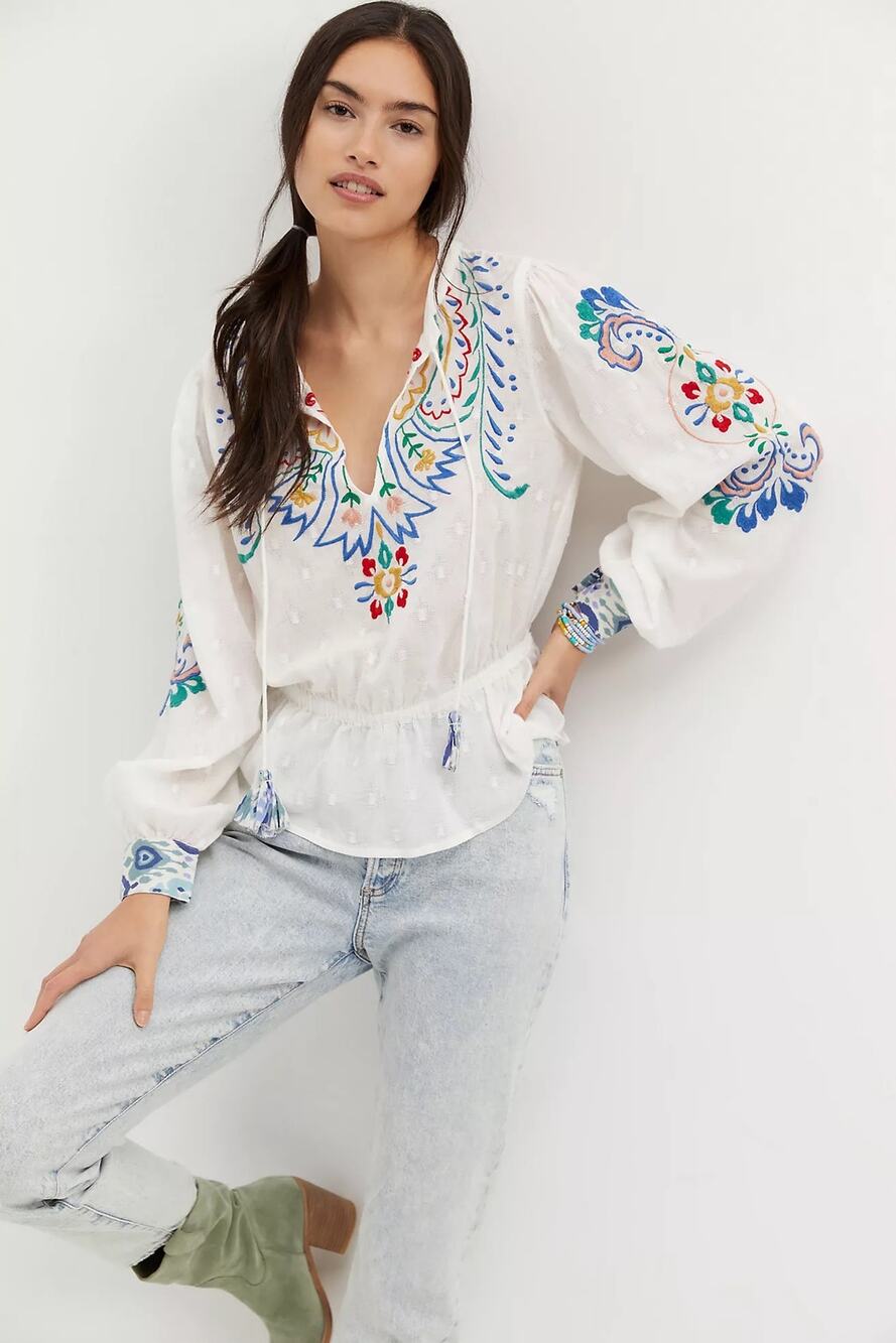 nwt ANTHROPOLOGIE FOREVER THAT GIRL sz L Embroidered Peplum Blouse